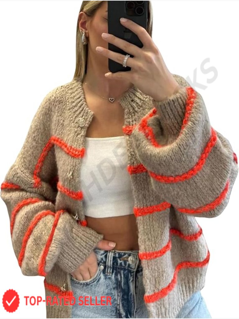Oversized Striped Cardigan Knit Sweater Chic Button Down Long Sleeve